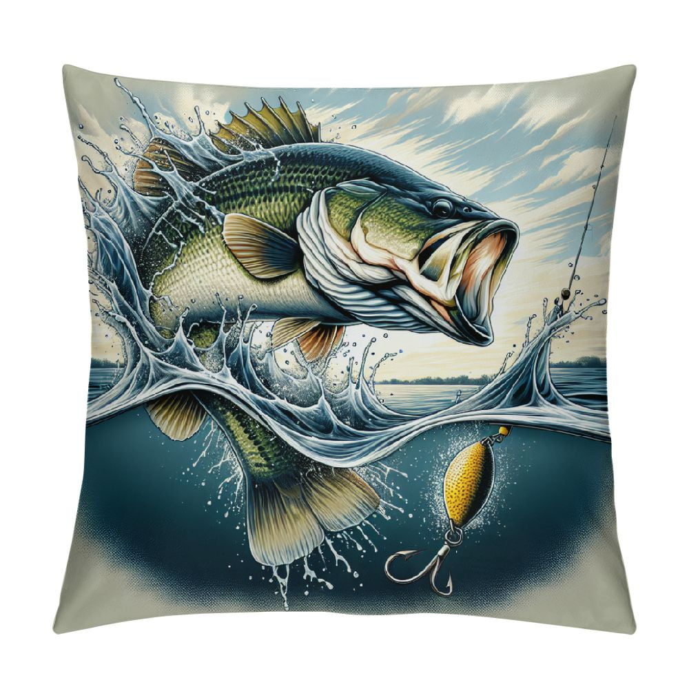Fishing Throw Pillow Cushion Cover, Largemouth Sea Bass Catching a Bite in Water Spray Motion