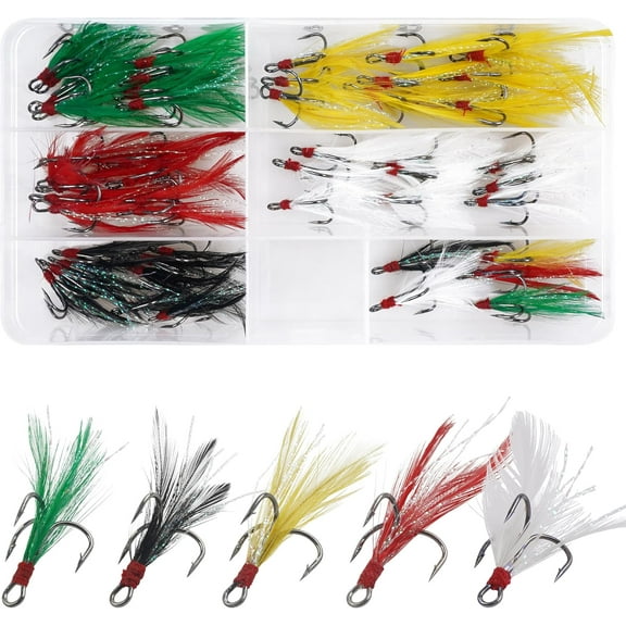 Fishing Treble Hooks Feather Hooks,50pcs Feathered Dressed Treble Hooks Kit Round Bend Treble Fishing Hooks Barbed Triple Fish Hooks for Catfish Lure Baits Saltwater Freshwater