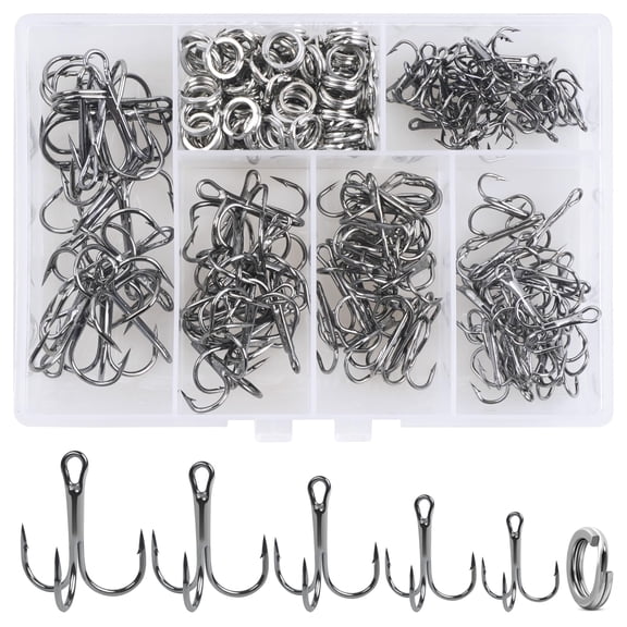 Fishing Treble Hooks Kit, 170pcs High Carbon Steel Treble Hook Strong Sharp Round Bend Fishing Hook Triple Fish Hook with Split Rings for Trout Hard Bait Lures Saltwater Fishing