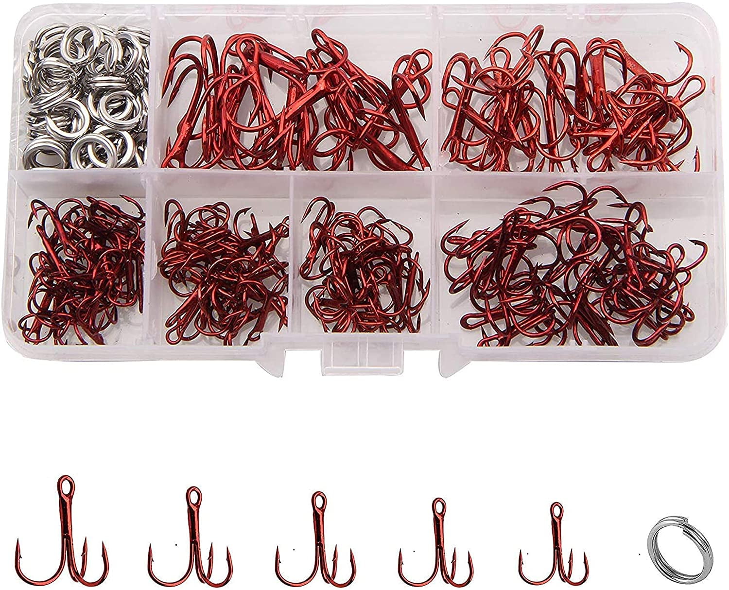 Fishing Treble Hooks with Split Rings Kit 180pcs/box High Carbon Steel  Hooks Sharp Round Bend Treble Hooks Strong Barbed Hooks Stainless Steel  Ring for Lures Baits Saltwater Freshwater Mixed Size 