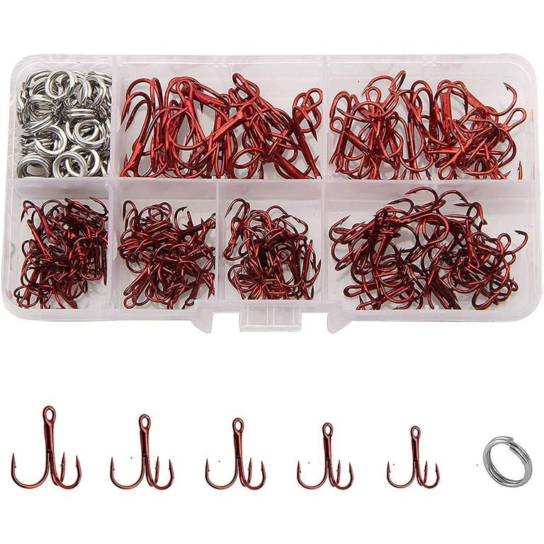 Fishing Treble Hooks with Split Rings Kit 180pcs/box High Carbon Steel  Hooks Sharp Round Bend Treble Hooks Strong Barbed Hooks Stainless Steel Ring  for Lures Baits Saltwater Freshwater Mixed Size 