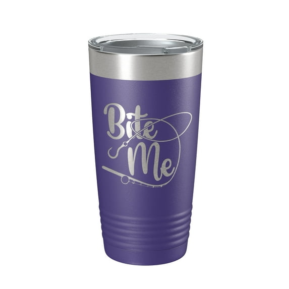 Fishing Tumbler Funny Bite Me Travel Mug Insulated Laser Engraved Coffee Cup Funny Gift For Angler Fly Bass Fisherman 20 oz Purple