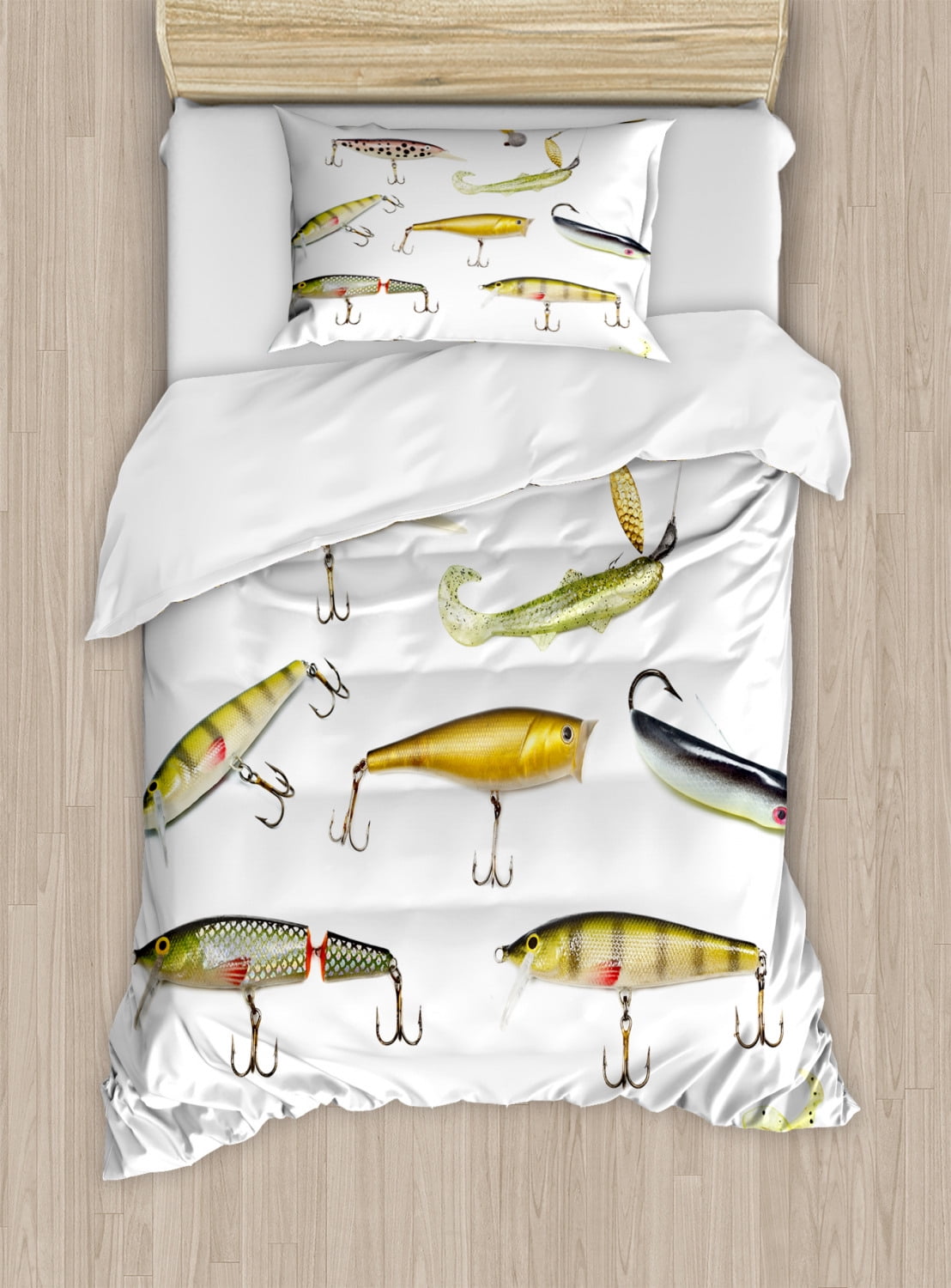 Fishing Twin Size Duvet Cover Set, Fishing Tackle Bait for Spearing
