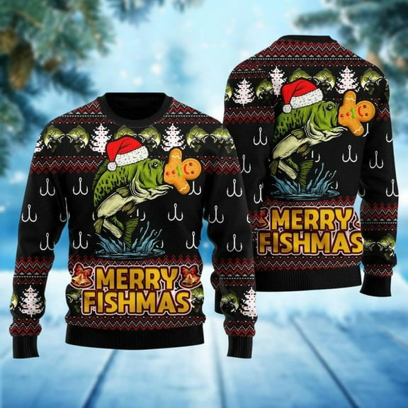 Fishing Ugly Christmas Sweater, Merry Fishmas Ugly Sweatshirt, Funny Christmas Jumpers, Fishing Holiday Sweater, Gift For Fishing Lover