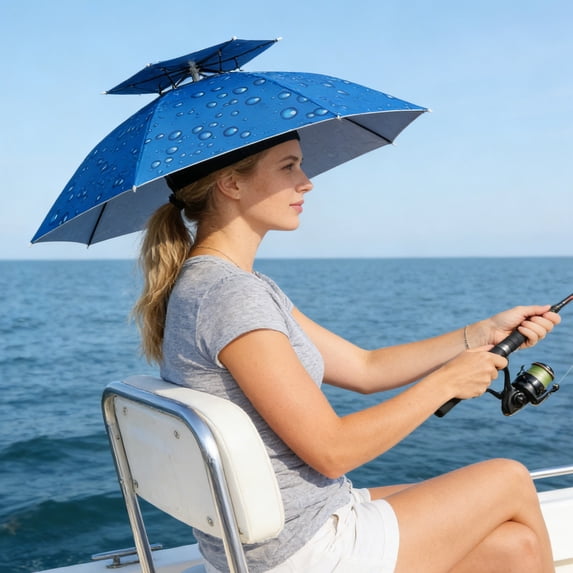 Fishing Umbrella Hat Hands Free Double Layer Head Mounted Sun and Rain Protection Large Folding Ventilated Cap for Fishing, Camping, Outdoor Work
