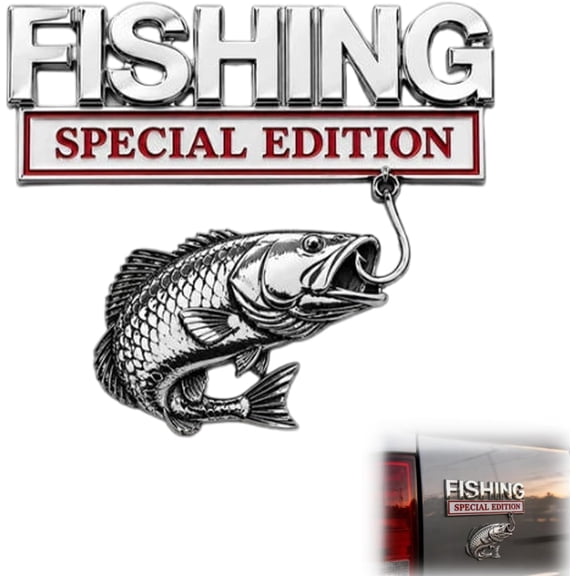 Fishing Vehicle Emblem Badge, Metal Bass Fish Hook Decal, Self Adhesive 3D Auto Badge for Truck, SUV, Boat Trailer and Angler Gifts
