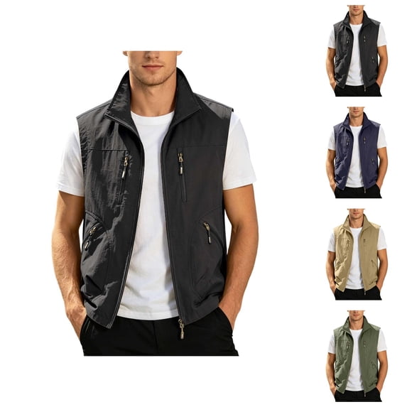 Fishing Vests for Men Lightweight Stand Collar Zip Up Sleeveless Jacket with Pockets Outdoor Work Photo Travel Hiking Vest
