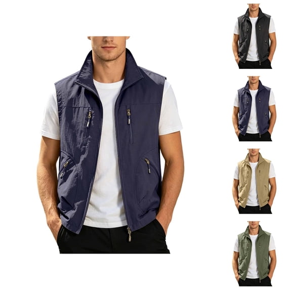 Fishing Vests for Men Lightweight Stand Collar Zip Up Sleeveless Jacket with Pockets Outdoor Work Photo Travel Hiking Vest