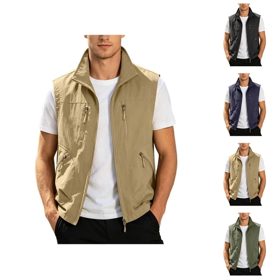 Fishing Vests for Men Lightweight Stand Collar Zip Up Sleeveless Jacket with Pockets Outdoor Work Photo Travel Hiking Vest