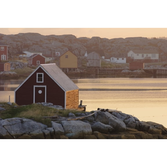 Fishing Village Along The Waters Edge At Sunset Fogo Island Newfoundland Canada Canvas Art - Jacques Laurent Design Pics (19 x 12)