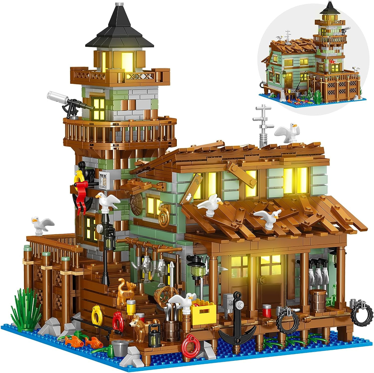 Fishing Village Store House Building Set with LED Light, 1881 PCS