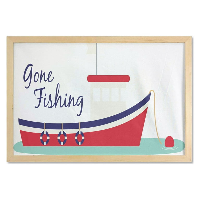 Fishing Wall Art with Frame, Cartoon Fishing Boat on Water