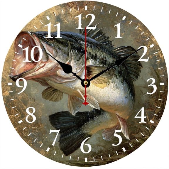 Fishing Wall Clock, 9.84 Inch Battery Operated Analog Clock, Easy to Read Numbers, Rustic Bass Decor for Cabin, Lake House, Man Cave