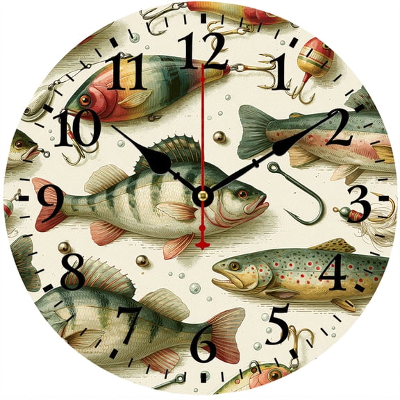 Fishing Wall Clock 9.84 Inch, Battery Operated Round Analog Decorative Clock with Easy to Read Numbers, Rustic Fish Lure Design Wall Decor for Cabin, Lake House, Garage, Living Room