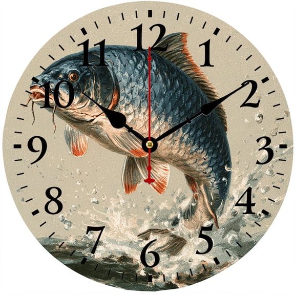 Fishing Wall Clock, 9.84 Inch Round Analog Fish Clock, Battery Operated, Easy to Read Numbers, Rustic Bass Decor for Lake House Cabin Man Cave