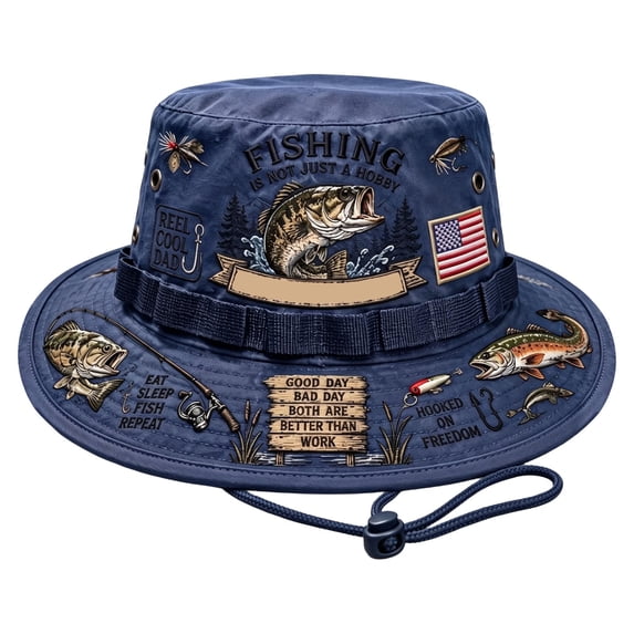 Fishing Is a Way of Life Boonie Hat,Adjustable Chin Strap Wide Brim Cap Outdoor Sunshade Fishing Bucket Hat,Patriotic Bass Print Sun Hat Lightweight Breathable Suitable for Fishing and Hiking, E