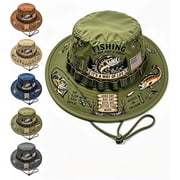 Fishing is a Way of Life Patriotic Bass Bucket Hat with Chin Strap, Patriotic bass print bucket hat with chin strap, wide brim sun protection, unisex for fishing and hiking.