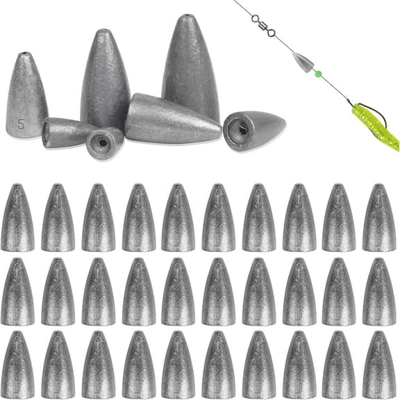 Fishing Weights 30pcs Bullet Sinkers Worm Weights for Bass Fishing Carolina Rig Texas Rig Slip Sinker Sliding Weights Lead Fishing Weights Saltwater Freshwater