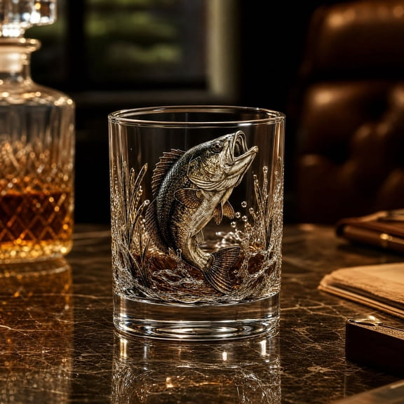 Fishing Whiskey Glass, Fish Tumbler, Old-Fashioned Drinking Glass with Fishing Motif, for Bar Cart, Cabin and Gift Occasions