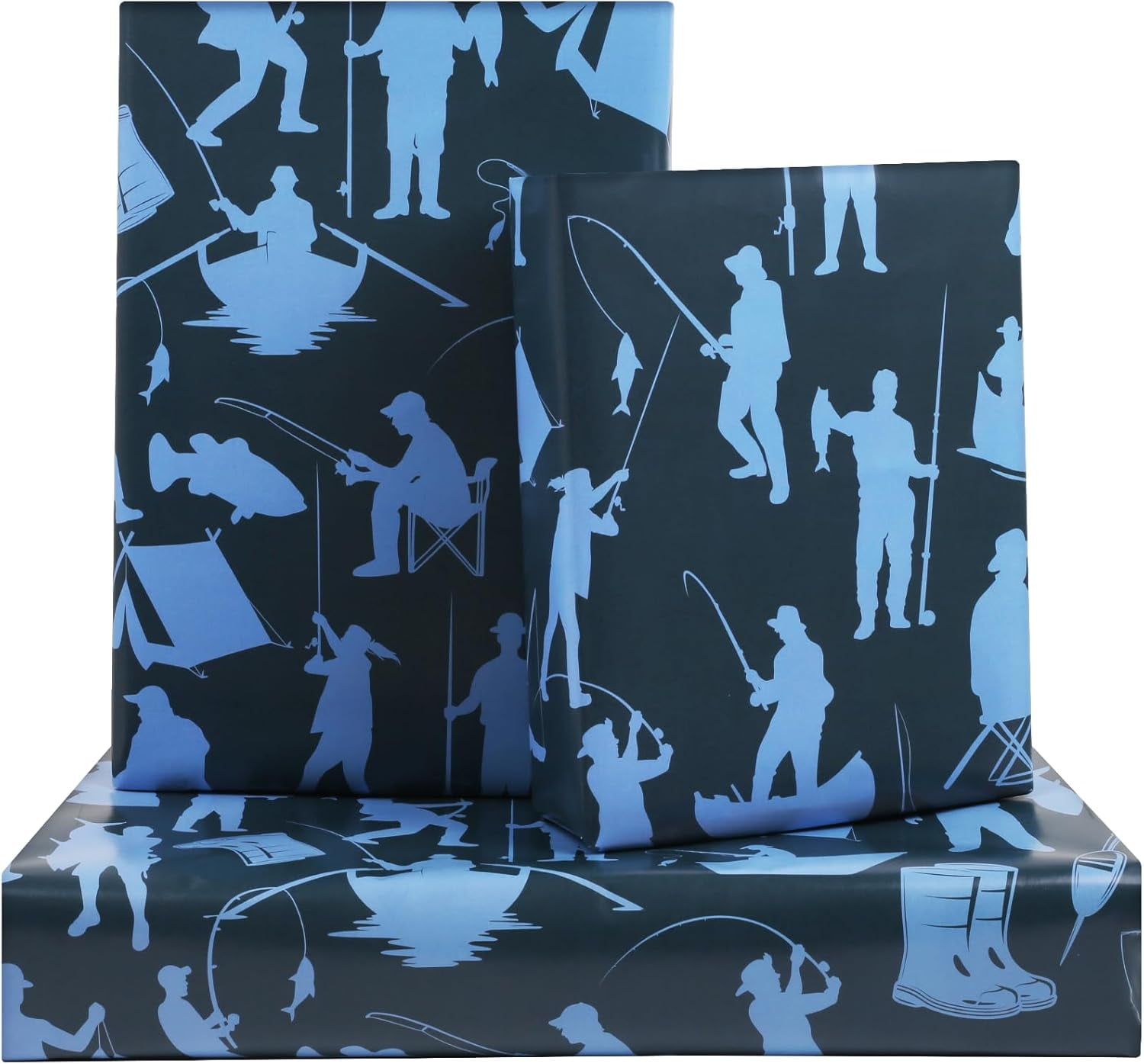 Fishing Wrapping Paper for Boys Men, Blue Fishing Man with Fish Rod Silhouette Design Wrapping Papers, 6 Sheets Folded Flat 20x28 Inches per Sheet, For Fishing Enthusiast Birthday Christmas Party