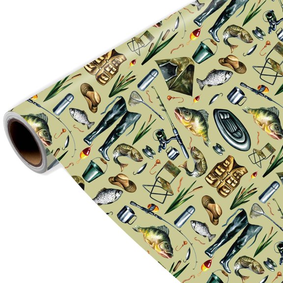 Fishing Wrapping Paper Roll, Fish Gift Wrap with Fishing Rods, Waders, Tackle Boxes, Outdoor Gear for Anglers, Fishermen, Father's Day, Birthday Giftn Packing Paper, 17 Inch x 16.4 Feet