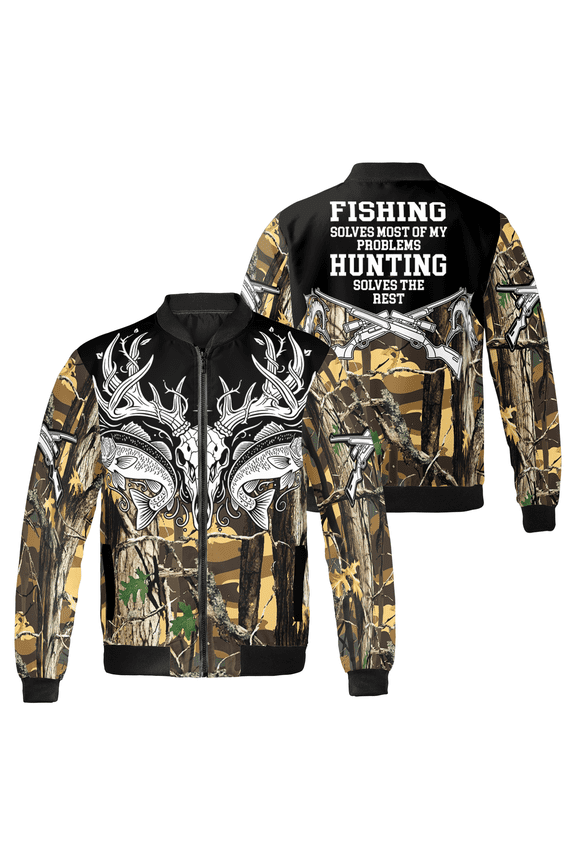 Fishing and Hunting Graphic Bomber Jacket -Outdoor Camouflage Design Jacket - Gift For Fishermen, Hunters