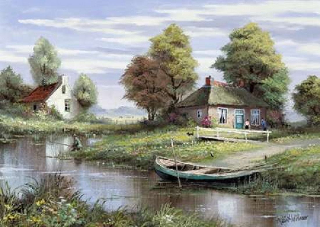 Fishing at the waterside Canvas Art - Reint Withaar (20 x 28)