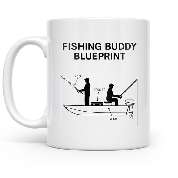 Fishing 11 oz Coffee Mug - Blueprint Charm for Anglers White Ceramic Gift