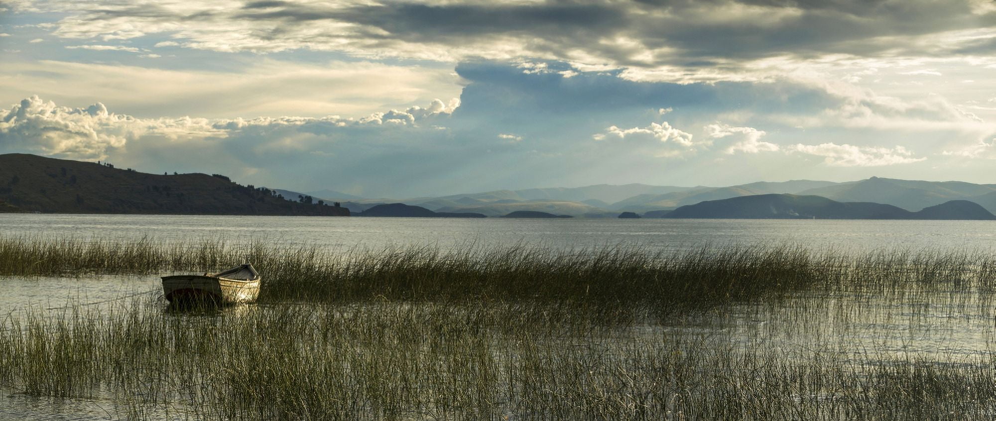 Fishing boat in a lake Copacabana Lake Titicaca Bolivia Canvas Art - Panoramic Images (27 x 9)