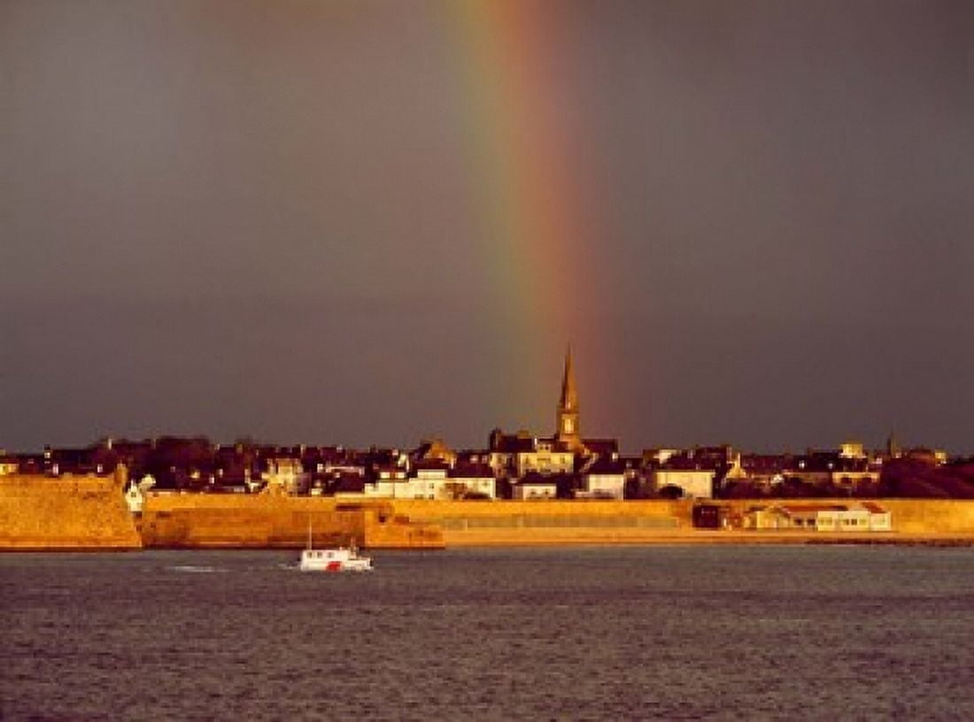 Fishing boat in front of citadel Vauban Citadel Port-Louis Morbihan Brittany France Canvas Art - Panoramic Images (36 x 27)