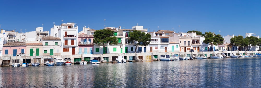 Fishing boats at fishing port Porto Colom Majorca Balearic Islands Spain Canvas Art - Panoramic Images (36 x 12)