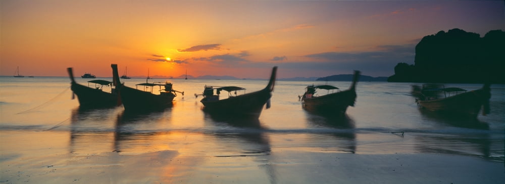 Fishing boats in the sea Railay Beach Krabi Krabi Province Thailand Canvas Art - Panoramic Images (27 x 9)