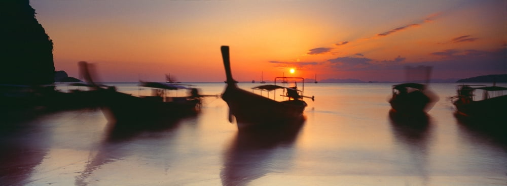 Fishing boats in the sea Railay Beach Krabi Krabi Province Thailand Canvas Art - Panoramic Images (36 x 12)
