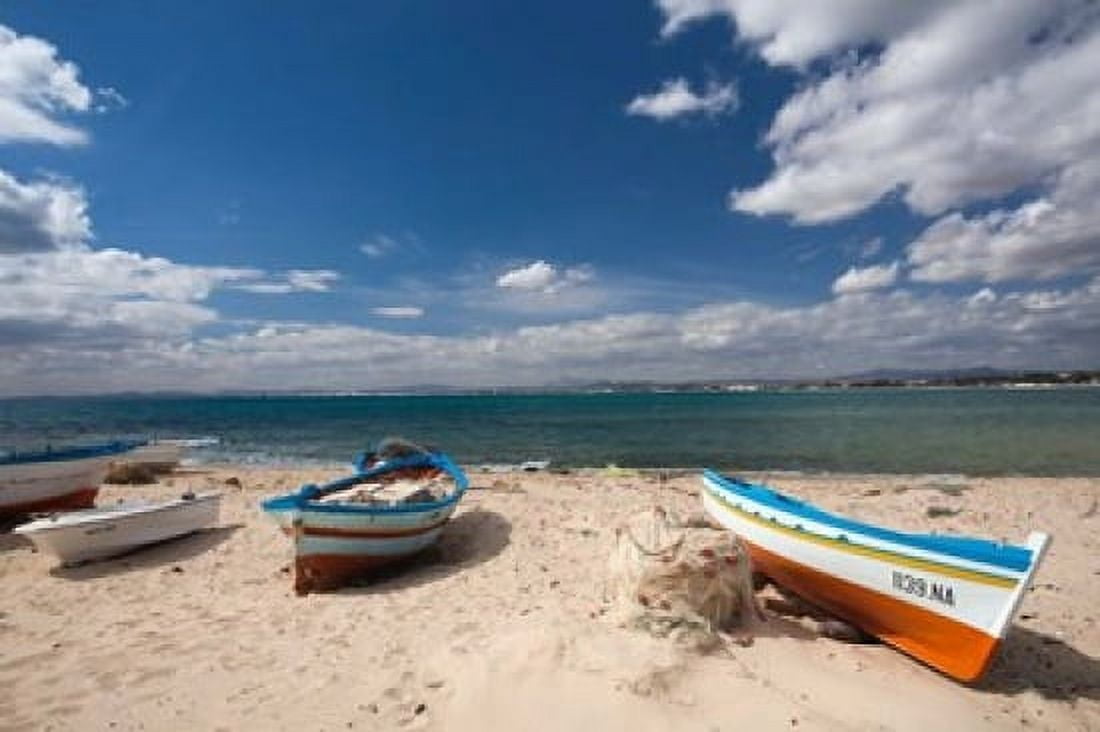 Fishing boats on beach Hammamet Cap Bon Tunisia Canvas Art - Walter Bibikow DanitaDelimont (35 x 23)