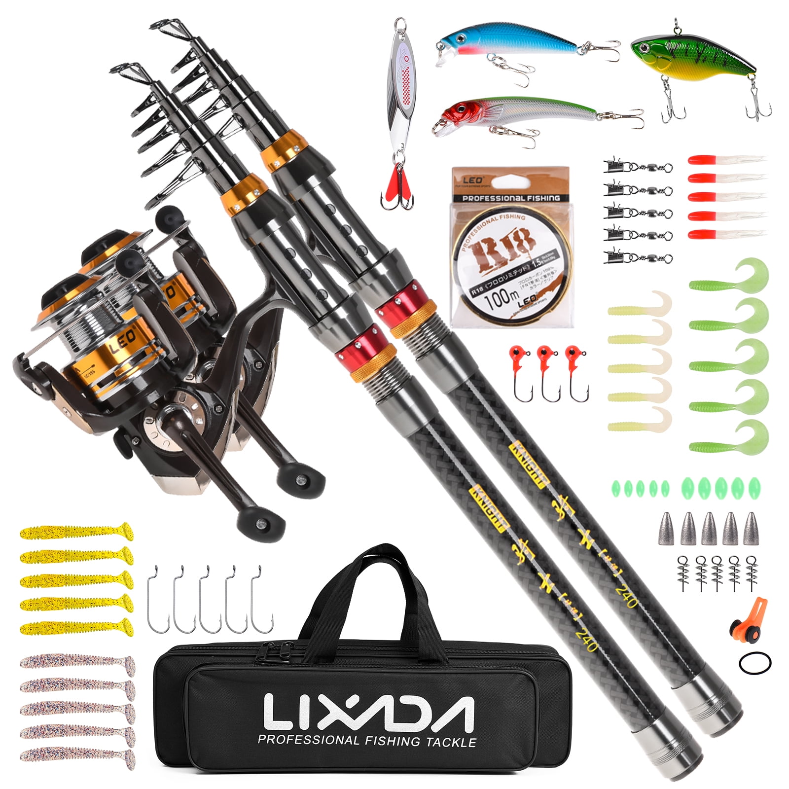 2-Piece Fishing Rod & Reel Combo Set - Carbon Fiber Rods With Aluminum Reels & Tackle Box