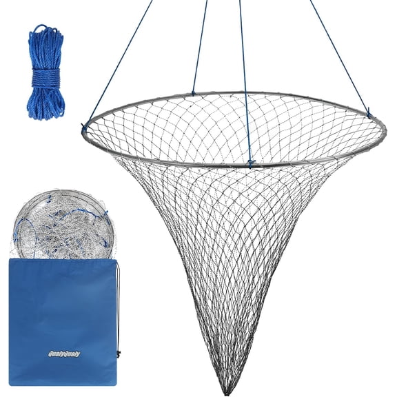 Fishing net 32 ''/39 '' ring, foldable drop net saltwater fishing net, nylon mesh net with rope, foldable soft steel ring