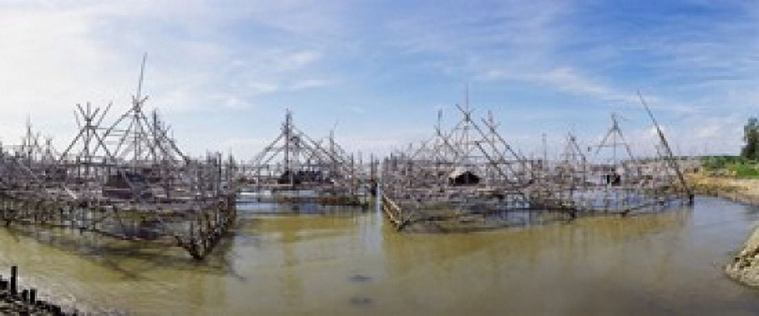 Fishing platforms along coast of Madura Island Indonesia Canvas Art - Panoramic Images (15 x 6)