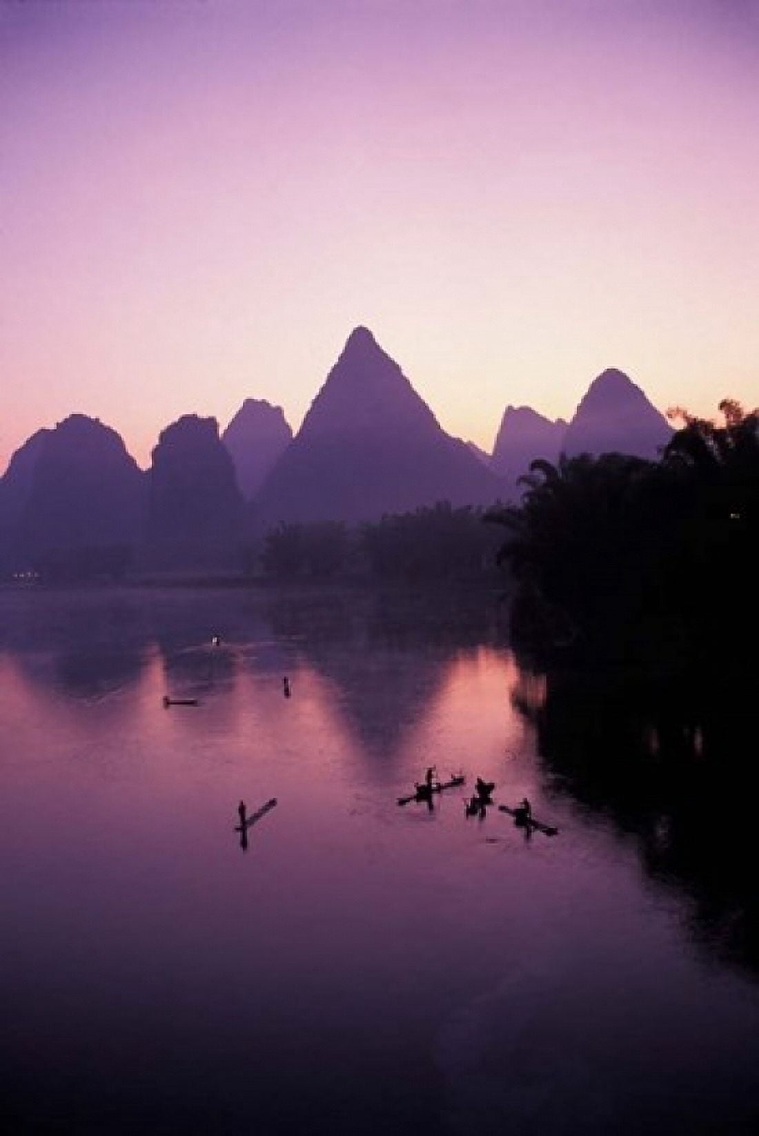 Fishing rafts on Li River dawn Guangxi Province China Canvas Art - Keren Su DanitaDelimont (12 x 17)