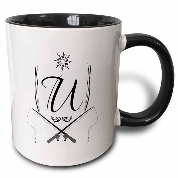 Fishing rods, fish, sun, cattail plant. Exquisite letter U 11oz Two-Tone Black Mug mug-297459-4