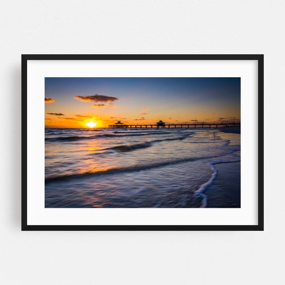 Fishing the Gulf - Fort Myers Florida Photography Sunset Beach Ocean Coast Waves Scenic Landscape Black Framed Wall Art Print 5 x 7 inches