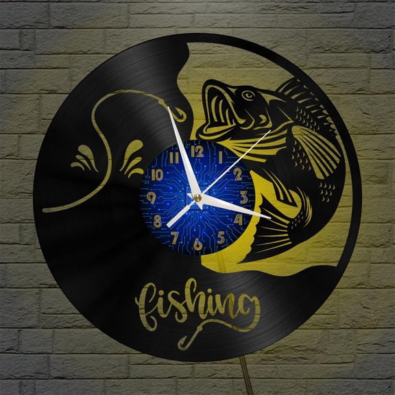Fishing theme 12 12 Inch Vinyl Record Wall Clock - Silent, Creative, and Unique Clock for Living Room, Entryway, or Bedroom Decor - Perfect Gift Idea(12 inchs B with LED)