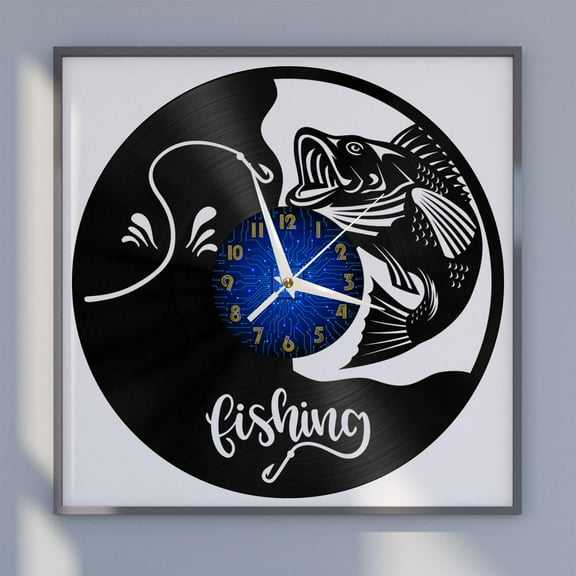 Fishing theme 12 12 Inch Vinyl Record Wall Clock - Silent, Creative, and Unique Clock for Living Room, Entryway, or Bedroom Decor - Perfect Gift Idea(12 inchs B without LED)