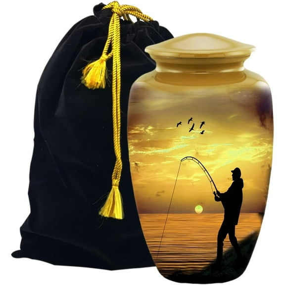 Fishing urn-Cremation Funeral Urn with Printed Fishing Man Theme for Human Ashes of Female & Male | 200 cu in | Large | Multicolor | Completely Handcrafted with Velvet Protection Bag