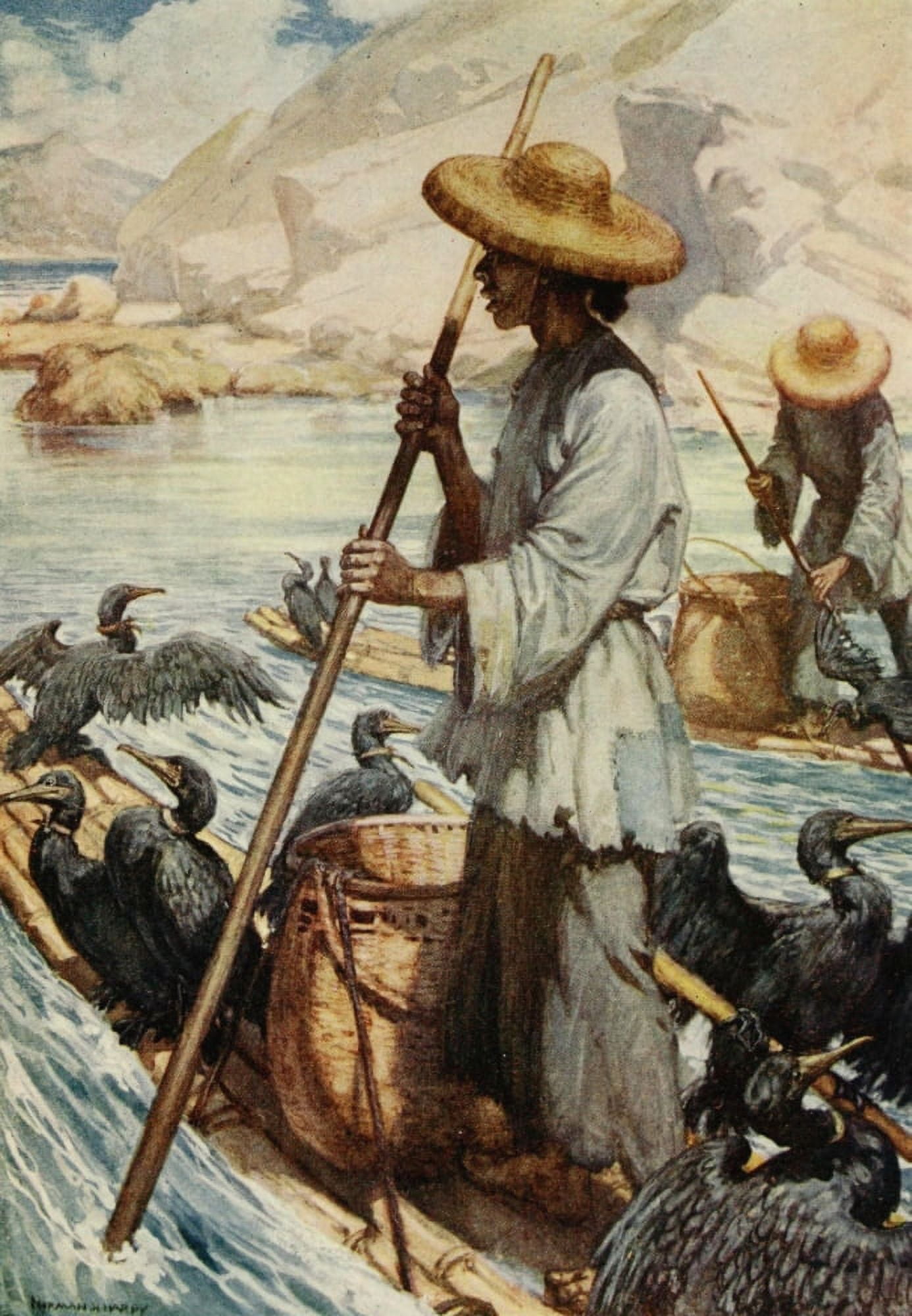 Fishing with cormorants China 1910 Canvas Art - Norman H Hardy (24 x 36)