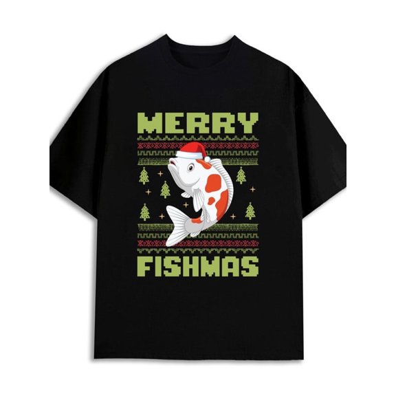 Greenink Fishmas T-Shirt for men 180G Cotton black Funny Unisex Shirt Graphic Tee tshirts Vintage Unisex Shirt Short Sleeve tshirts Trendy Unisex Shirt Graphic tshirts