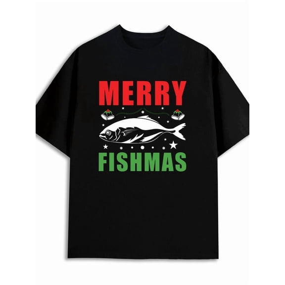 Fishmas T-Shirt men 180G 100% Cotton black Retro Unisex Shirt Graphic Tee tshirts Funny Unisex Shirt Short Sleeve tshirts Original Unisex Shirt Printed tshirts