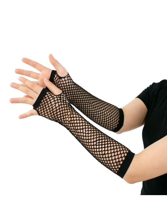 Fishnet Arm Sleeves Long Fingerless Gloves Black for Women Halloween Party