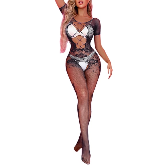 Fishnet Bodysuit Short Sleeve Full Body One Piece with Patterned Net Design High Neck And Leg Coverage Fishnet Lingerie