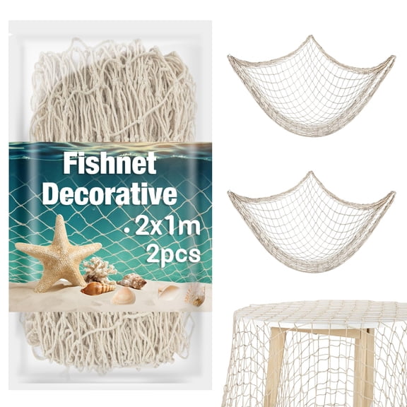 Fishnet Decorations Set of 2 Mediterranean Style Nets for Wall Ceiling Hanging Stuffed Animal Storage Ocean Theme Party White