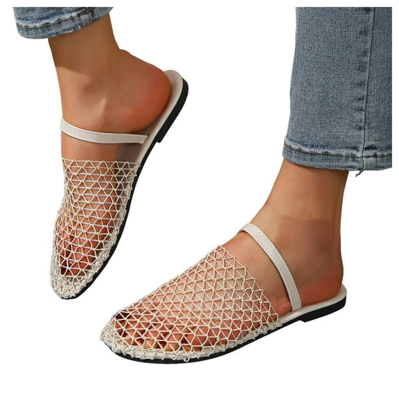 Fishnet Dressy Slides Sandals for Women Sexy Mesh Closed Toe Slingback Slip on Mules Flats Dress Sandals